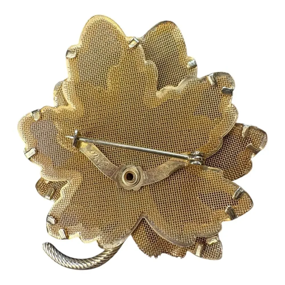 Vintage Coro Gold Tone Maple Leaf Brooch Pin Faux Pearls Signed‎ Mid-Century